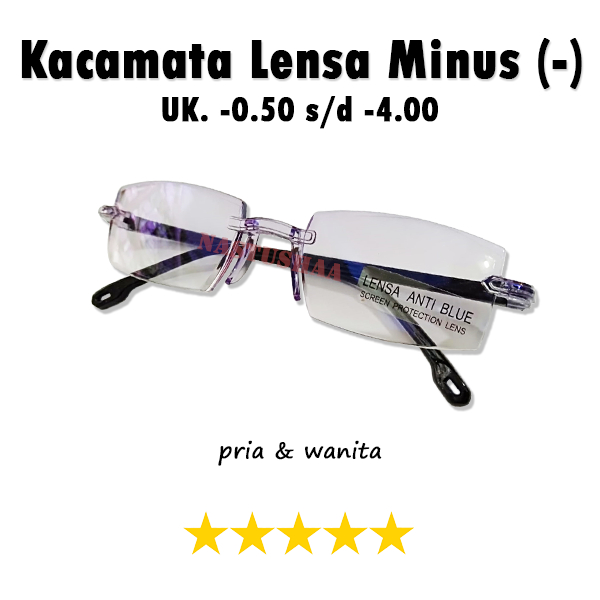 Kacamata Minus Model Rimless Lensa Anti Blue Light Komputer Hp Kacamata Rabun Jauh Uk. -0.50 s.d -4.00 Pria dan Wanita Frameless Tanpa Bingkai Terbaru FREEECASE