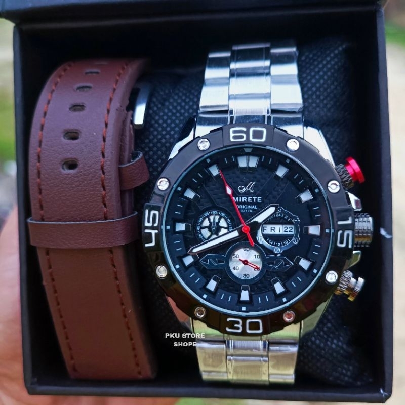 MIRETE EDITION Jam Tangan Pria Original Tahan Air Dua Tali Tanggal Dan Hari Aktif Full Stainless Steel Free Box | Mewah Elegan Sporty Olahraga Analog Import Berkualitas Murah Dijamin Sesuai Foto Realpict