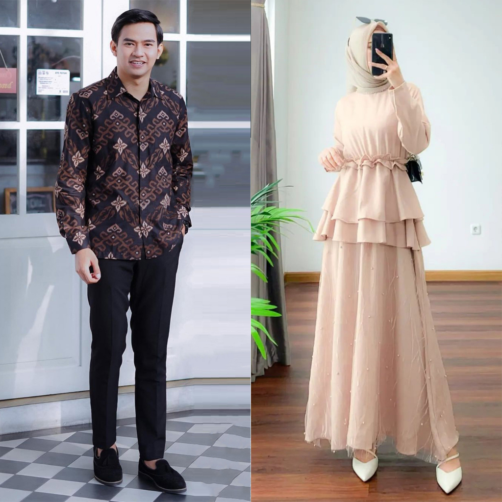 PRODUK TERBARU - BATIK COUPLE GAMIS BRUKAT MAXI DRESS SANIA - BATIK SARIMBIT UNTUK KONDANGAN - GAUN PESTA BRUKAT MODERN