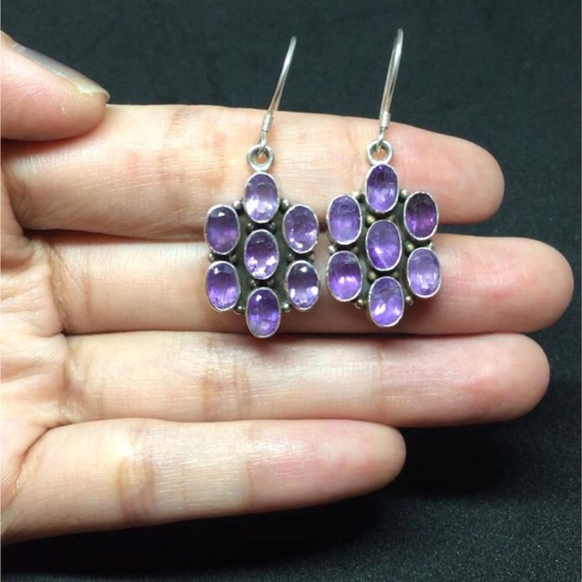 Anting Tusuk Panjang Gantung Juntai Perak Asli Silver 925 Dewasa Amethyst Bunga