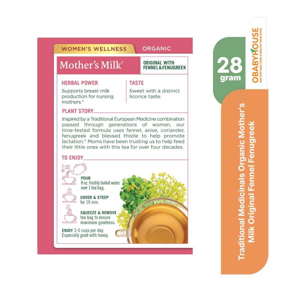 Traditional Medicinals Organic Mother's Milk Original with Fennel &amp; Fenugreek Caffeine Free 16 Wrapped Tea Bags 28 gr