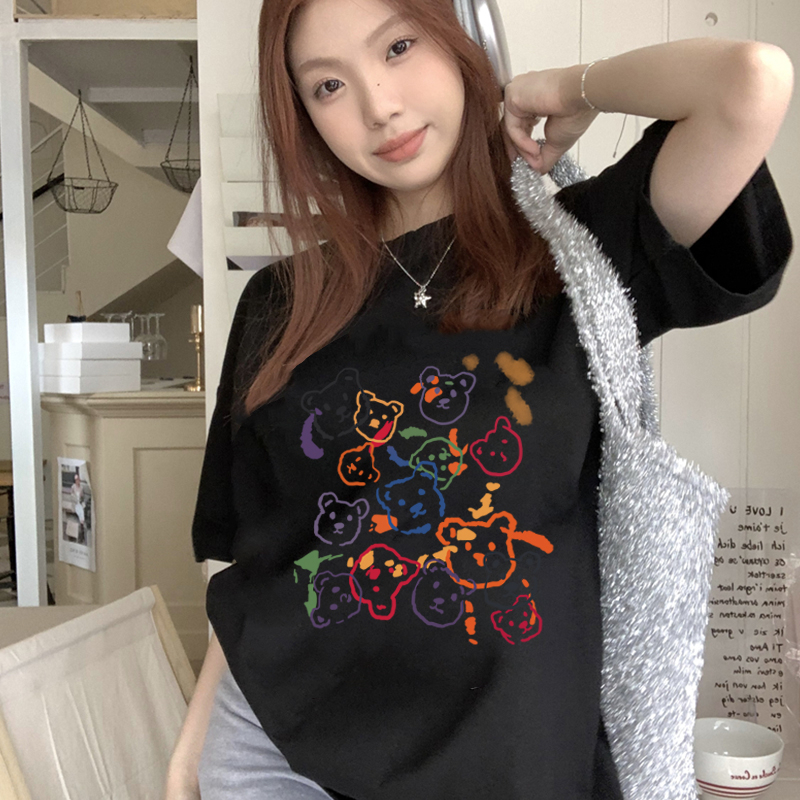 Print T-shirt Kaos Lengan Pendek Colorful Cute Bear Baju Wanita Oversize Korean Style