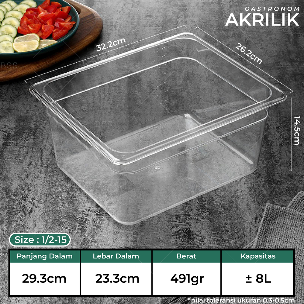 Gastronom Akrilik Food Pan 1/2/15 Kedalaman 15cm Wadah Penyimpanan Sayur Buah Daging Makanan Tempat Saji Prasmanan Multifungsi