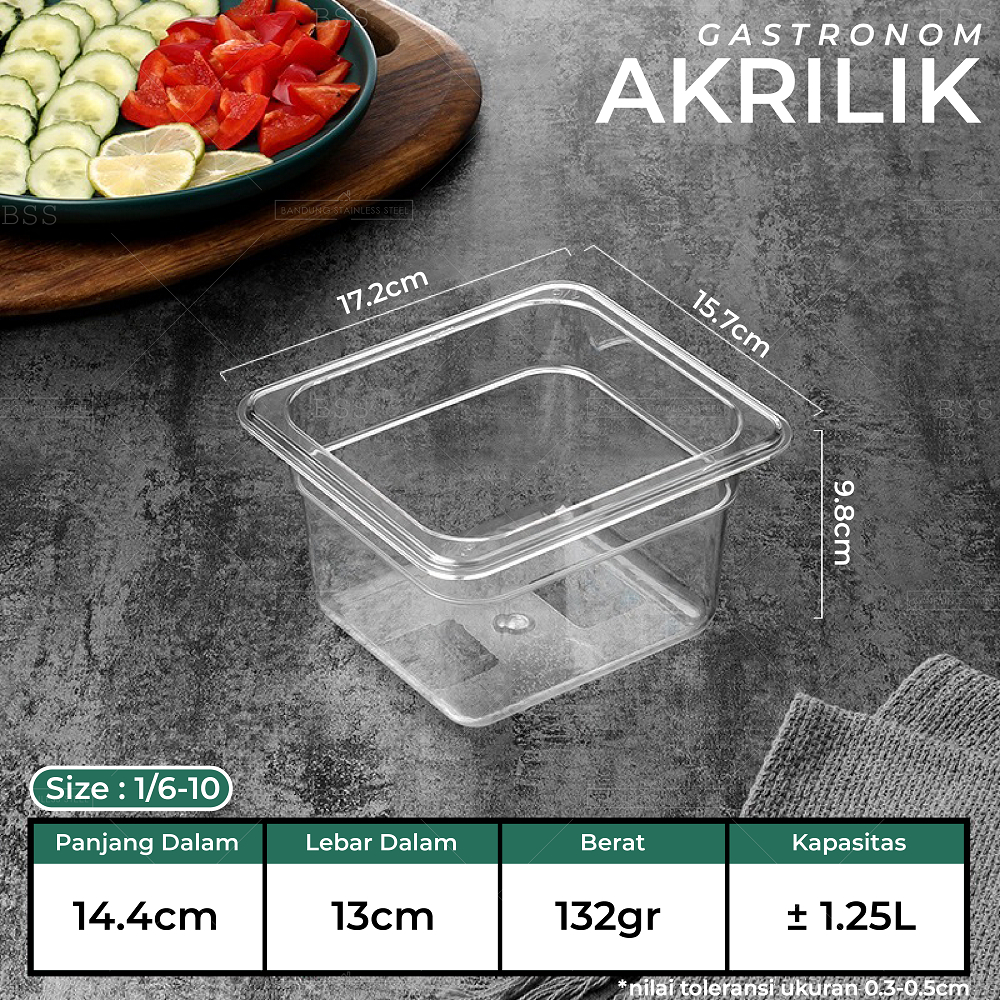 Gastronom Akrilik Food Pan 1/6/10 Kedalaman 10cm Wadah Penyimpanan Sayur Buah Daging Makanan Tempat Saji Prasmanan Multifungsi