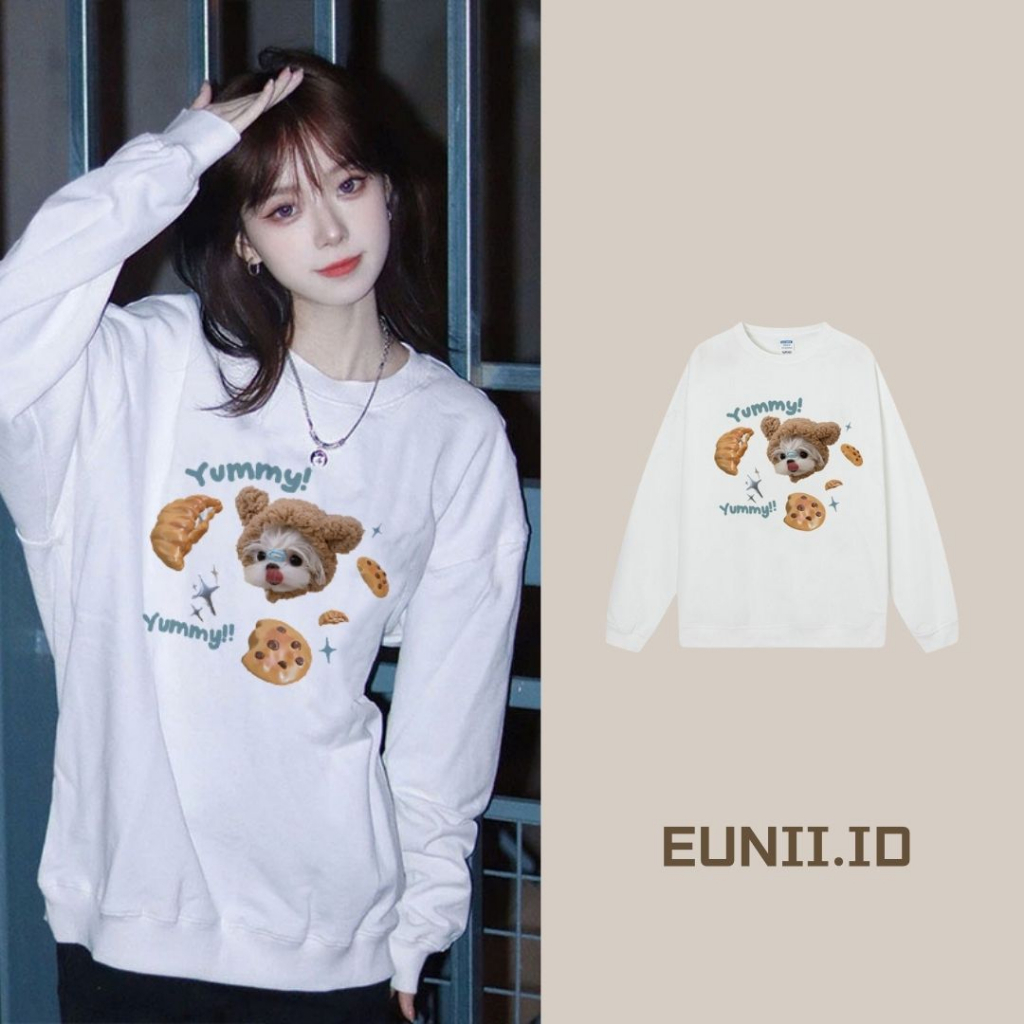 EUNII Sweater Lengan Panjang Cartoon Cookie Dog Korean Style/Sweater Crop/Baju Wanita/Switer Wanita/Switer