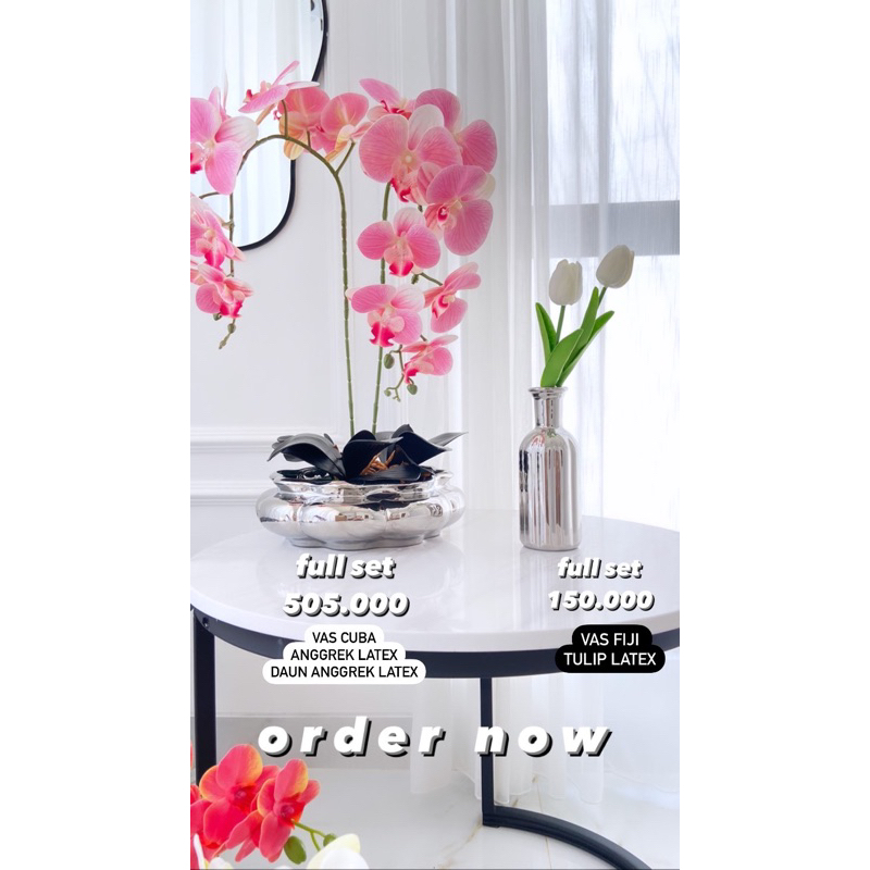 Full Set Vas Bunga Keramik Cuba Emas / Silver / Putih & Rangkaian Anggrek Latex Premium