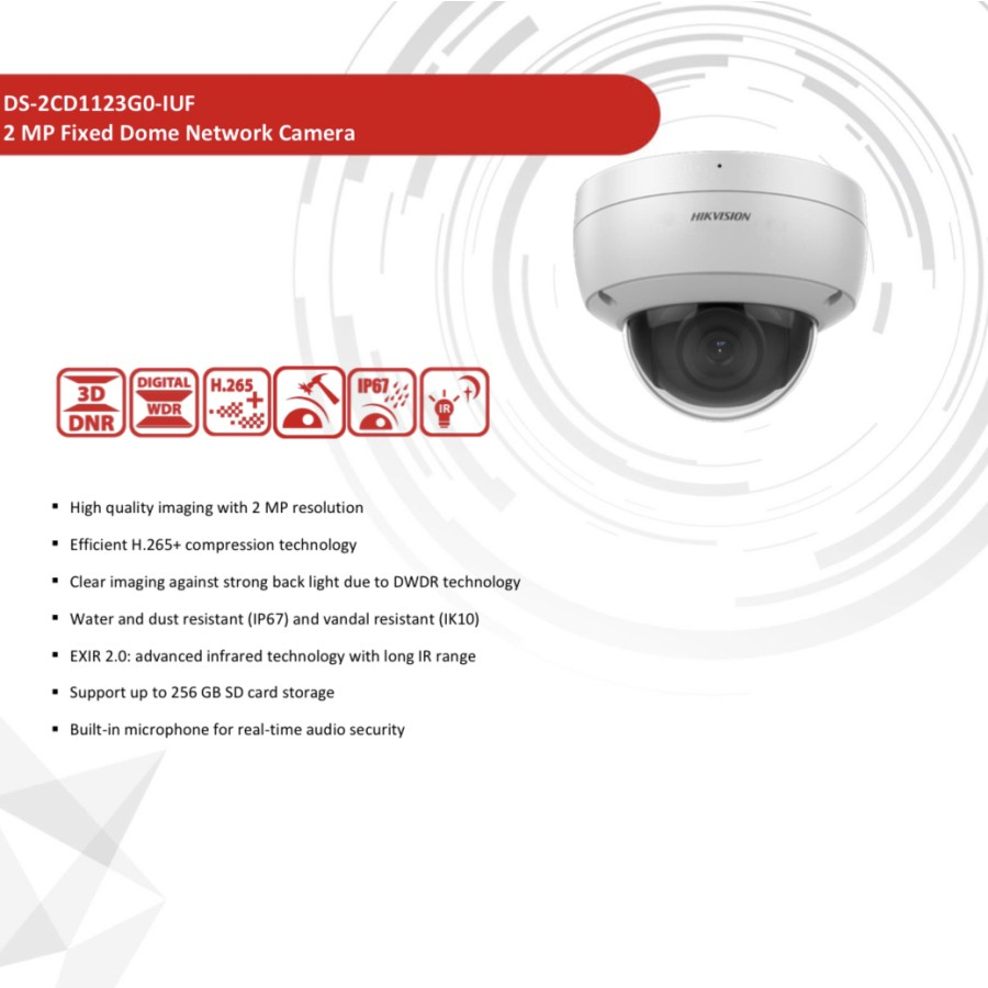 IP Camera HIKVISION DS-2CD1123G0-IUF Indoor 2MP Audio Mic POE WDR
