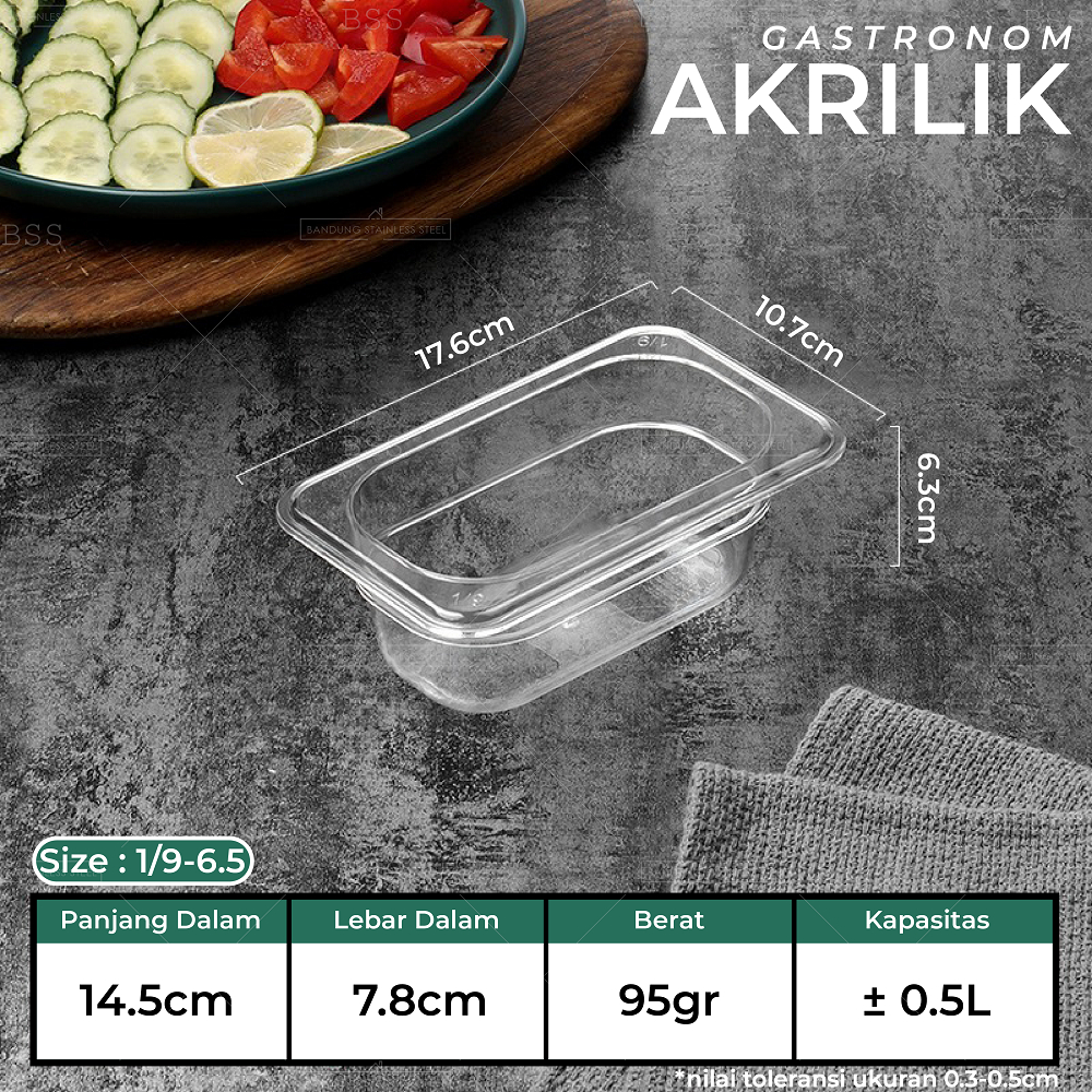 Gastronom Akrilik Food Pan 1/9/6 Kedalaman 6.5cm Wadah Penyimpanan Sayur Buah Daging Makanan Tempat Saji Prasmanan Multifungsi