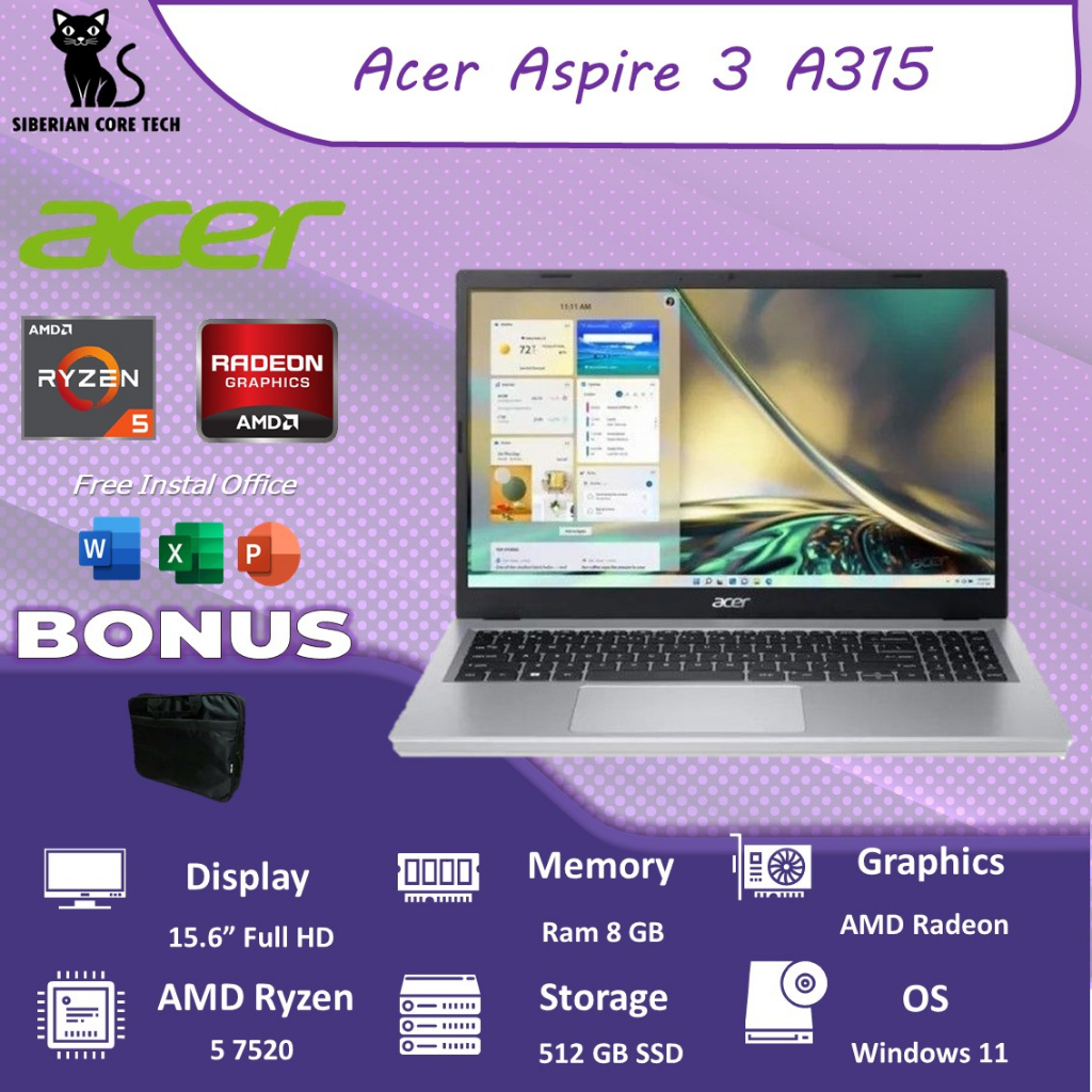 LAPTOP ACER ASPIRE 3 A314 RYZEN 5 7520U 8GB 512SSD VEGA7 W11PRE