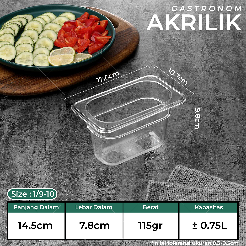 Gastronom Akrilik Food Pan 1/9/10 Kedalaman 10cm Wadah Penyimpanan Sayur Buah Daging Makanan Tempat Saji Prasmanan Multifungsi