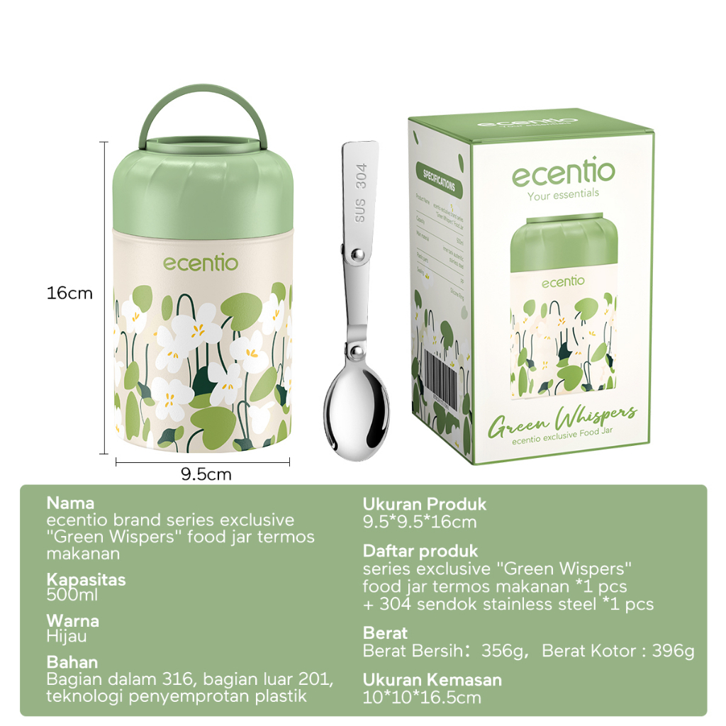 ecentio Stainless Steel Food Jar 24JAM Termos Stainless Steel 316 Lunch Jar 500Ml Tempat Makan Bayi with Sendok Kado