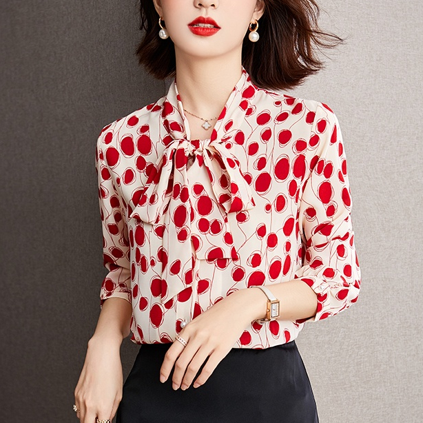 High Quality Fabric Fashion Korean Style Bow Tie Blouse for Women Long Sleeve Blouses Work Casual Blus Lengan Panjang Wanita