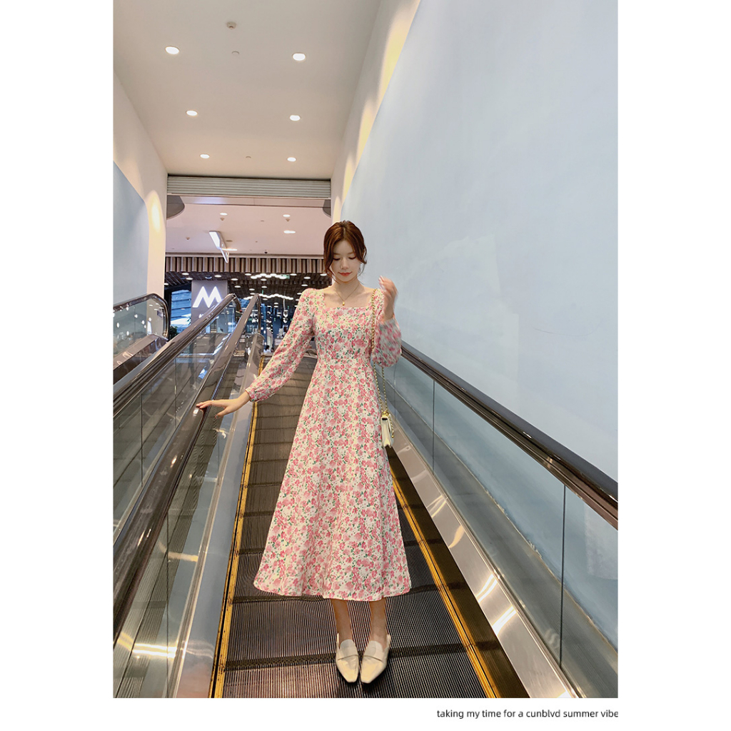 2023 new fashion square neck long floral dress