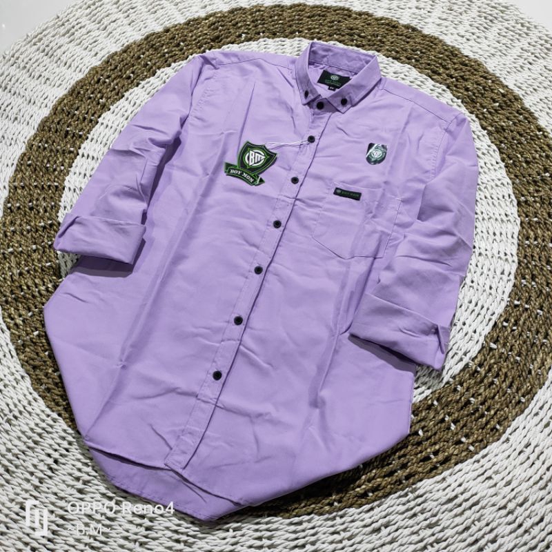 Kemeja basic polos pria lengan panjang cowok kasual formal kantor slimfit Ungu lilac