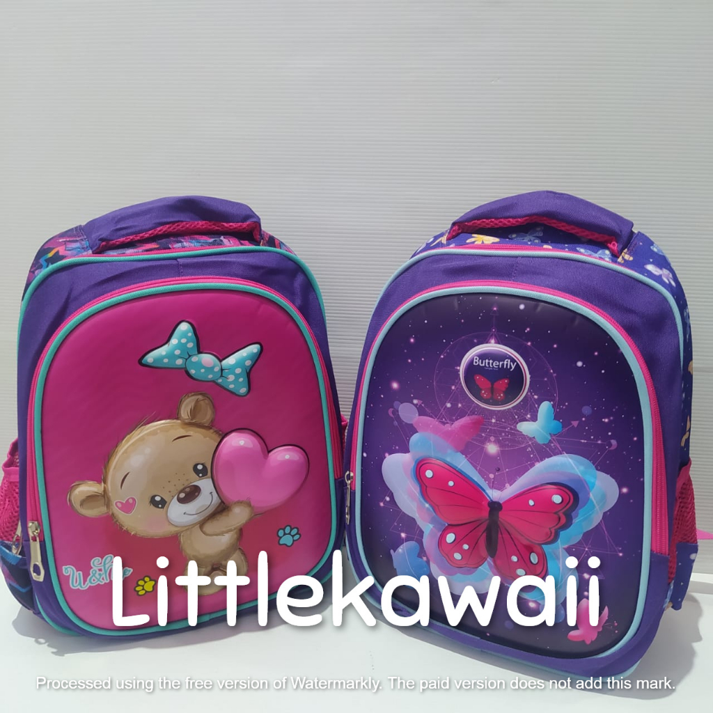 LK/Tas Ransel Sekolah Anak Perempuan Laki Laki Emboss Hardcase Butterfly Bear Love Soccer Lorem FC M PAUD TK SD Import