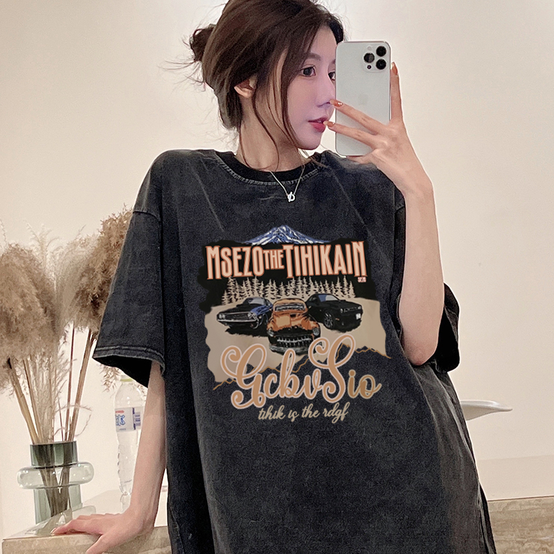 Print Washed T-shirt Kaos Lengan Pendek Oversize Retro Car Korean Style Atasan Wanita