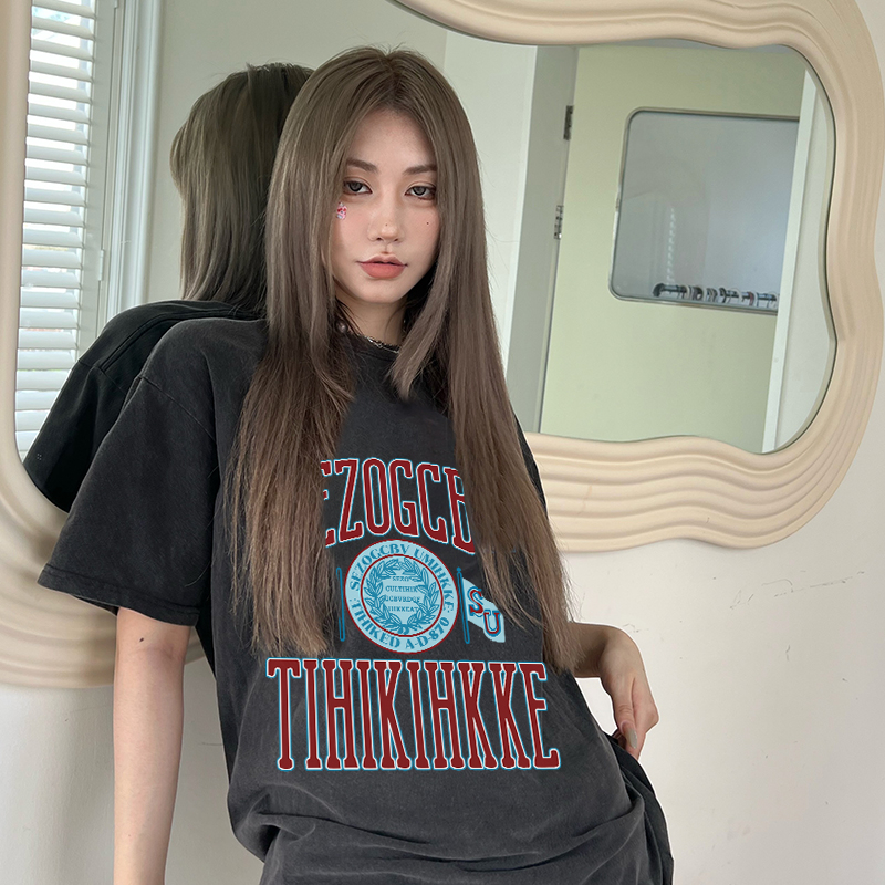 Print Washed T-shirt Kaos Lengan Pendek Oversize Retro Blue Cursor Korean Style Atasan Wanita