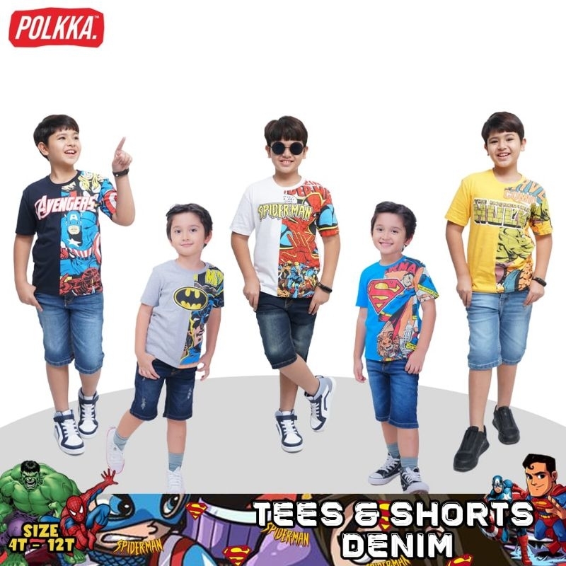 Setelan Jeans Anak Polkka Jeans Pendek + Kaos superhero kazoku 4-10 Tahun