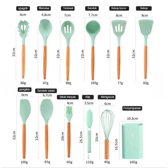 BBS Peralatan Masak Spatula Set Silicone 11pc+Wadah Spatula Alat Masak Tahan Panas Pegangan Kayu Kitchen Tools Cooking Set Spatula High Quality Import