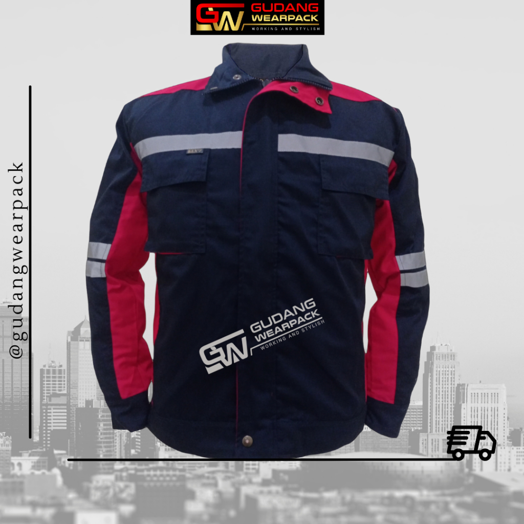 Gudang Wearpack - Baju Kerja Seragam Proyek SemiJaket Warna Dongker Lis Merah