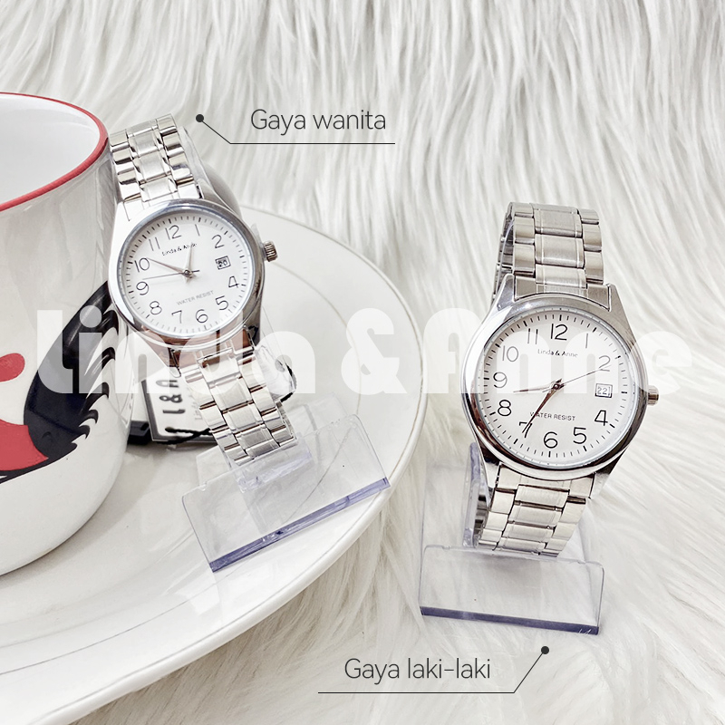 Jam Tangan Pria Dan Wanita Couple Stainless Steel Silver Anti Air Analog Bisnis Import