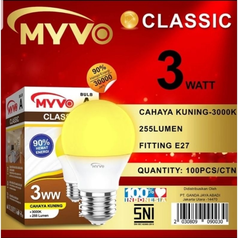 Lampu Led MYVO CLASSIC 3 Watt 3W Garansi 1 Tahun Cahaya Putih Dan Kuning Super Terang