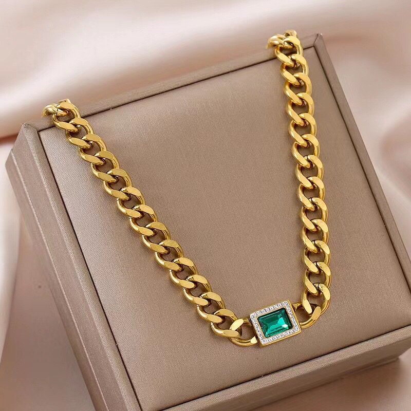 Kalung Titanium Sisik Naga Green Mata Tanam Elegan Korea Fashion Style