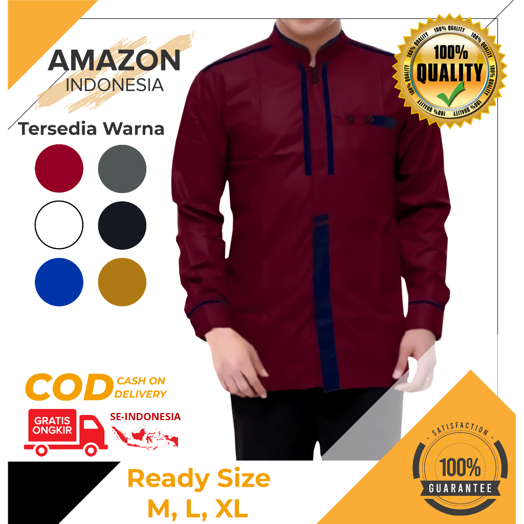 BAJU KOKO PRIA MUSLIM WARNA MAROON BAHAN KATUN TOYOBO PREMIUM LENGAN PANJANG KUALITAS BAGUS MURAH IMPORT