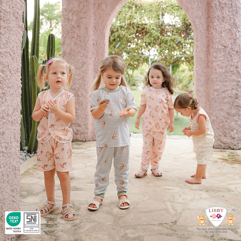 [TOMS] [BUNDLE HEMAT 3stel] [2L XL XXL] LIBBY (3stel) Oblong Pendek (Kancing Bahu) + Celana Panjang PRINT Big Size SML Besar (24-40bln)