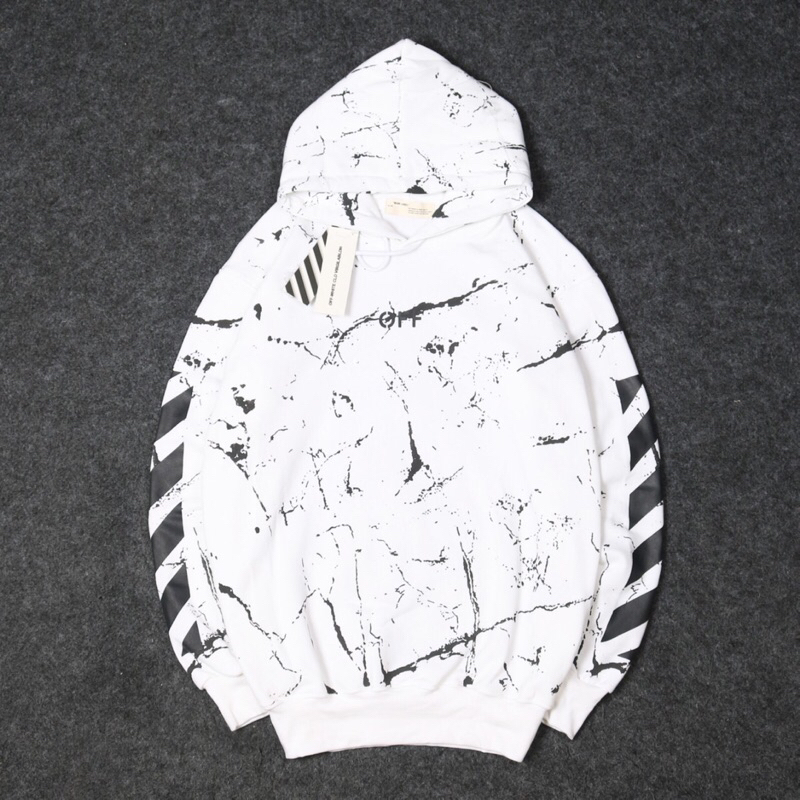 Sweater Jaket Hoodie OFF WHITE MARBLE Gradient Hitam Fulltag + Aksesoris