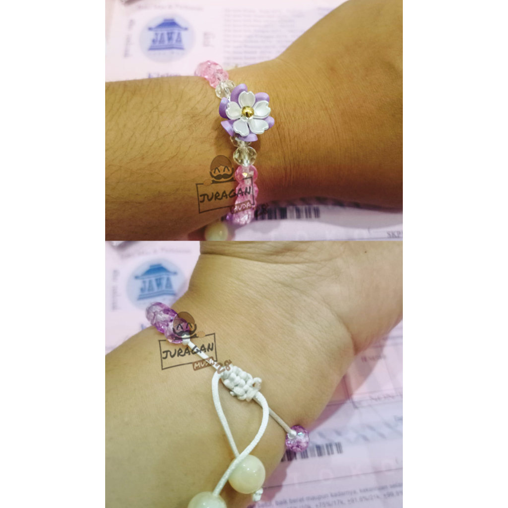 Gelang Tali Cristal Ceko Gradasi Bunga Tumpuk 1 Liontin Emas Asli karat 10k