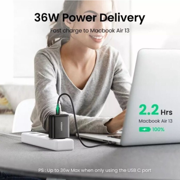 UGREEN Wall Adaptor Kepala Charger Dual Port USB C + USB PD Fast Charging 36W Iphone 13 Pro max For Samsung Oppo Vivo CD170