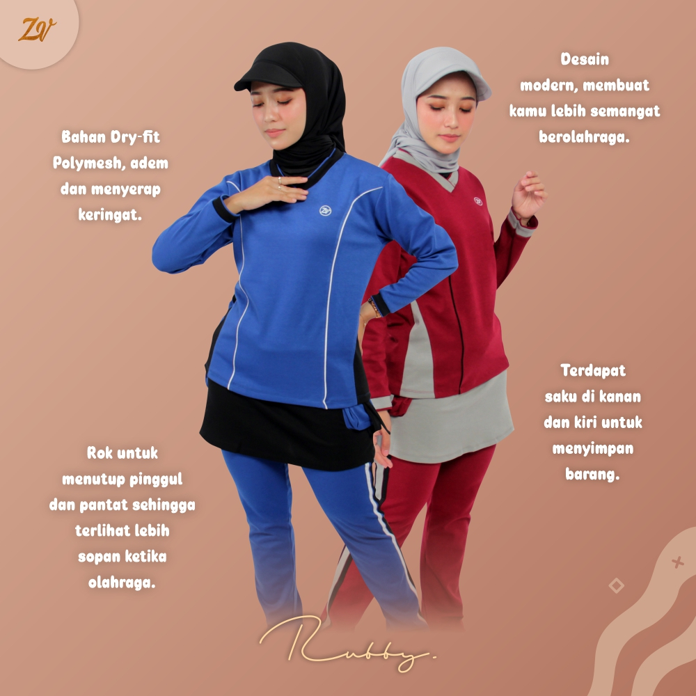 Rubby Set Olahraga l Pakaian Olahraga Muslimah l Sportwear Zaneva l Olahraga Lari Bersepeda Workout Jogging