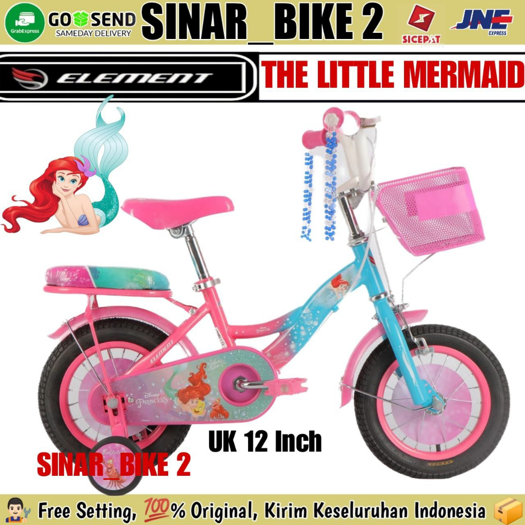 Sepeda Anak Perempuan Ukuran 12 16 &amp; 18 Inch ELEMENT DISNEY THE LITTLE MERMAID