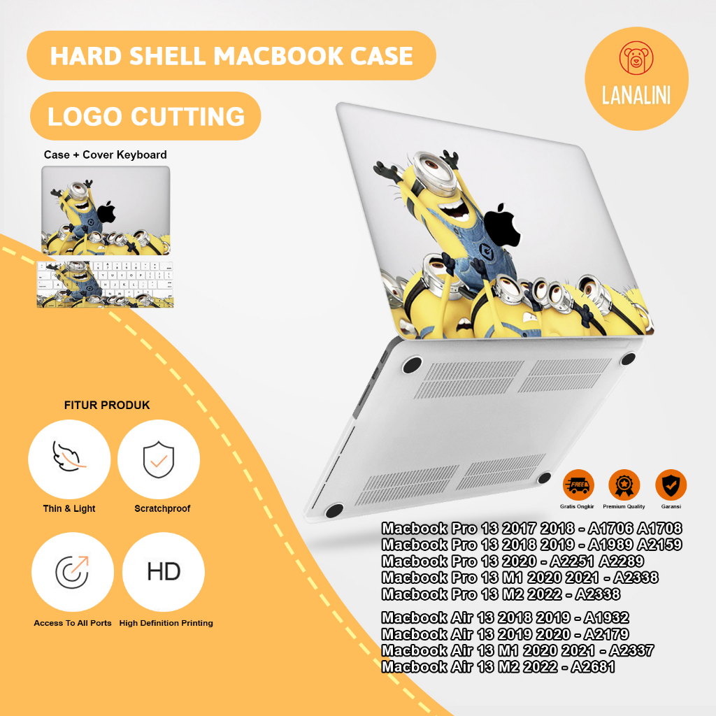 Case Casing Aksesoris Protective Pelindung Laptop Hardcase Macbook Air Pro 13 inch M1 M2 2017 2018 2019 2020 2021 A1932 A2179 A2337 A2681 A1706 A1708 A1989 A2159 A2251 A2289 A2338 Motif Gambar Kartun Minions Warna Kuning Murah Premium Logo Lubang Tampak