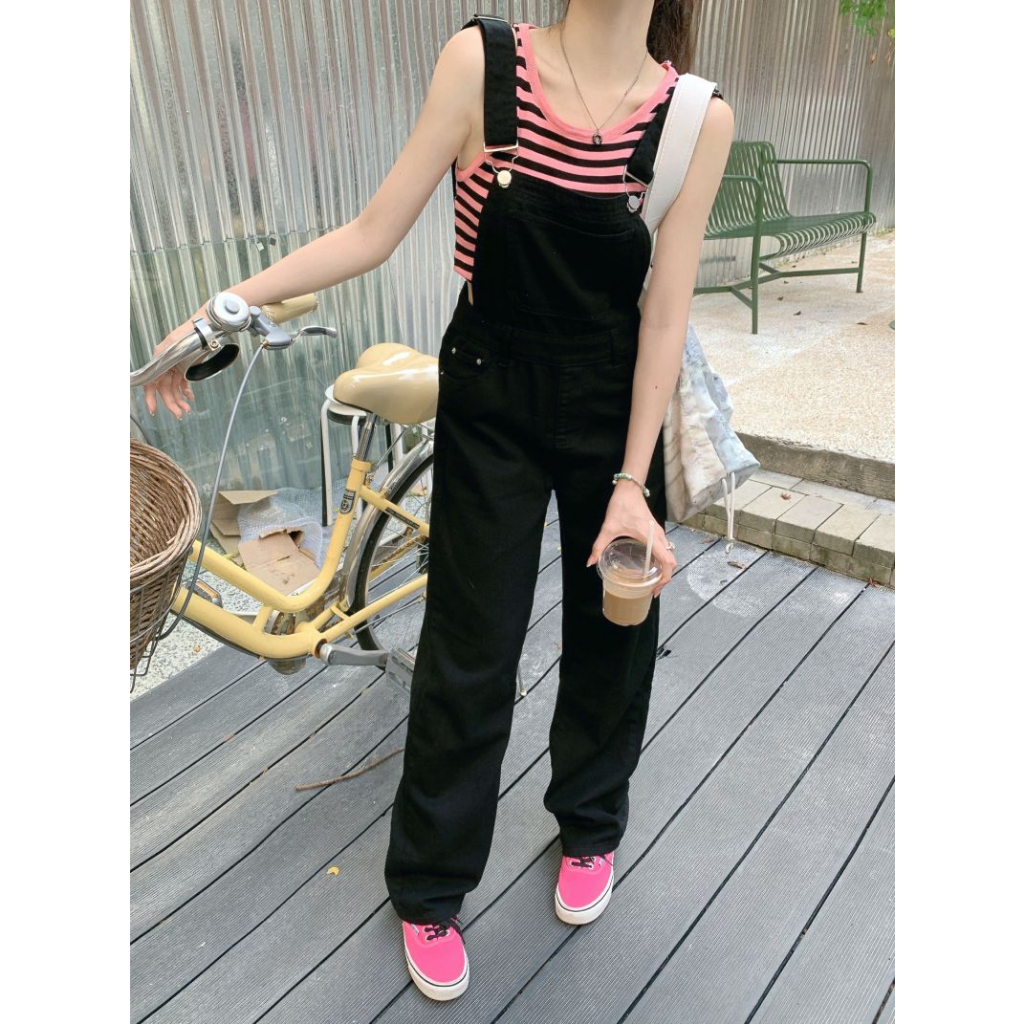 XIAOZhaiNv Overall Jeans Wanita Hitam Straight Loose Korean Style Celana Wanita