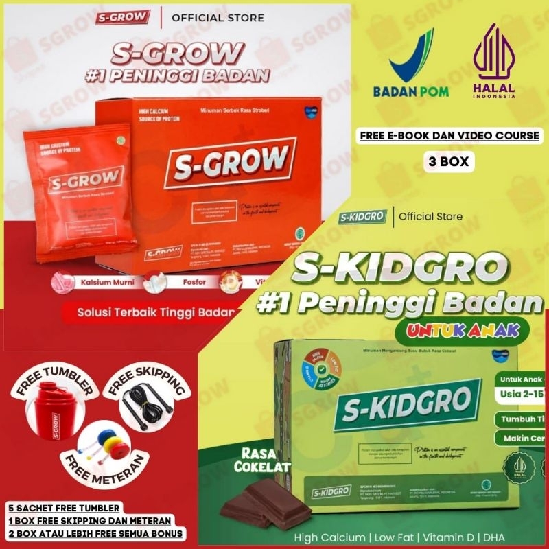 S-GROW &amp; S-KIDGRO (Paket Platinum 3 Box) Peninggi Badan Terbaik (Free Tumbler + Free Skipping + Free Meteran)