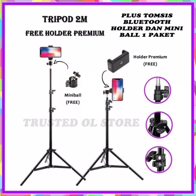 TRIPOD 2.1 M FREE TOMSISS + MINI BALL +HOLDER U TRIPOD STAND 2.1 METER STAND HOLDER PHONE KUALITAS BAGUS TERJAMIN