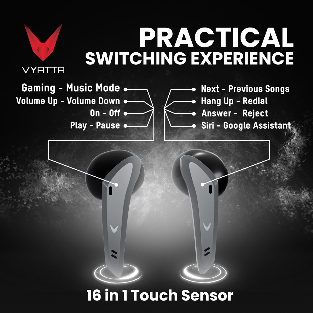 VYATTA AIRBOOM NITRO P TWS BLUETOOTH HEADSET EARPHONE GAMING MODE 40 MS SLIM 14 IN 1 TOUCH SENSOR