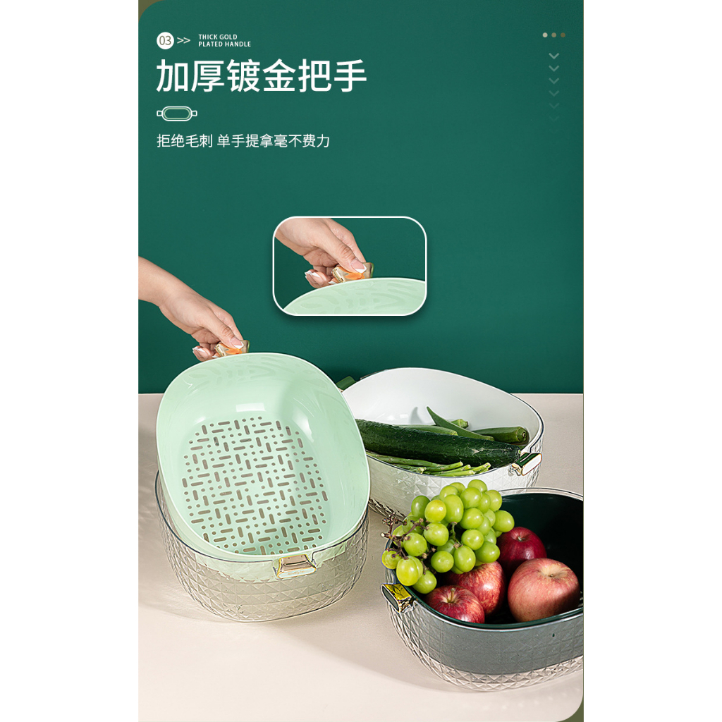 (BOW) Keranjang Tirisan Cuci Sayur Buah 2in1 Dengan Wadah Transparan / Penutup Makanan Serbaguna