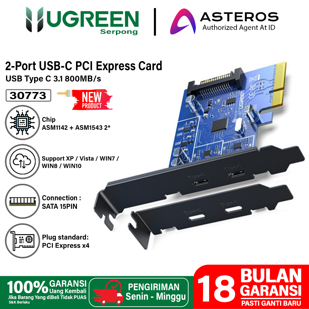 UGREEN PCI-E USB Type C 3.1 Expansion Card 2 Port Speed 10 Gbps PCIe X4/8/16