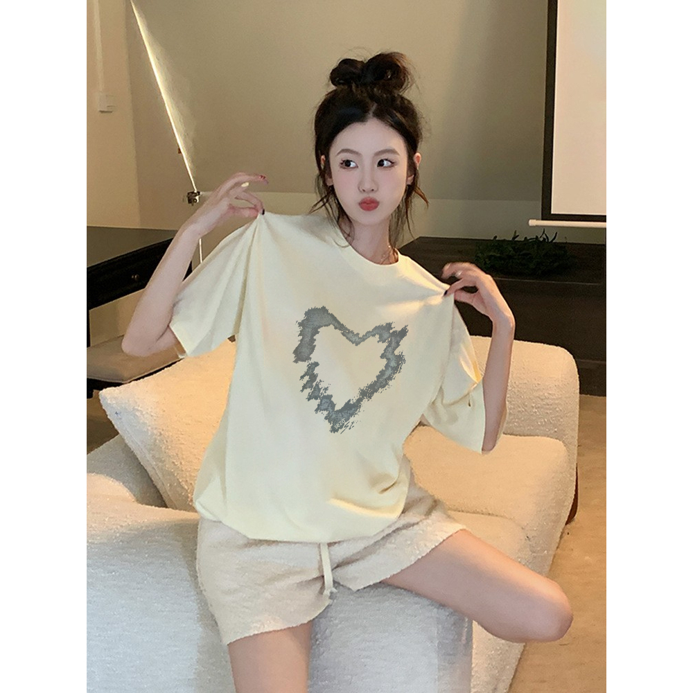 XiaoZhaiNv Kaos Atasan Oversize Wanita Smoke Heart Pattern Lengan Pendek A0857