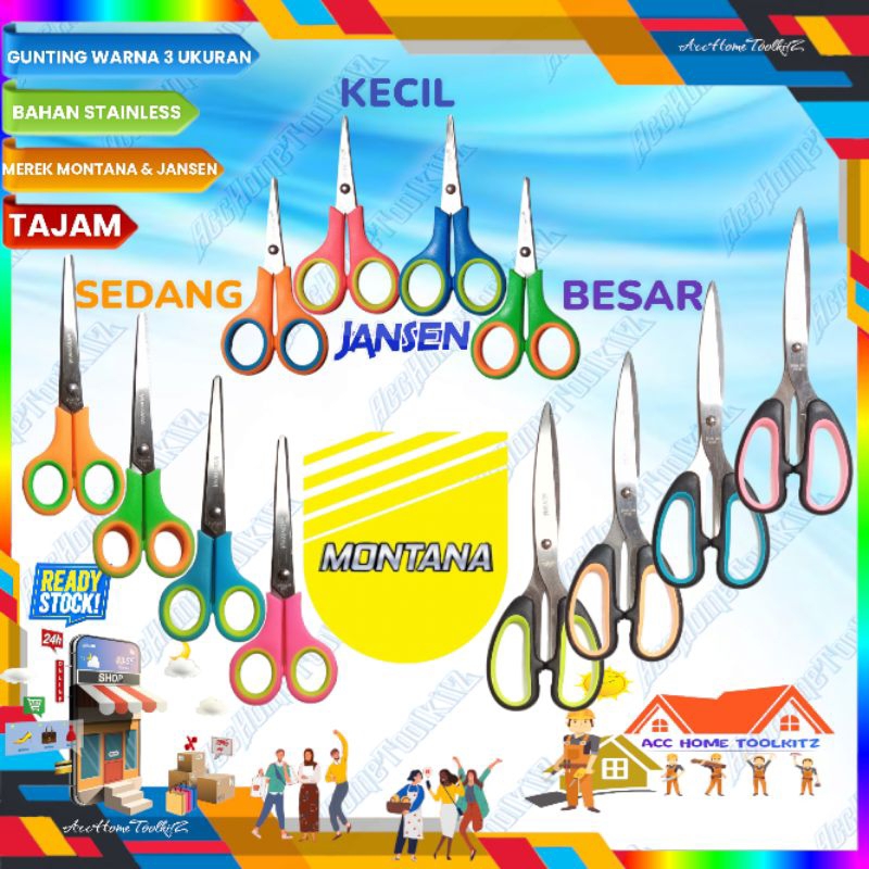 Gunting Kertas Sebaguna Scissors Original Gunting Warna Stainless Steel Renteng 12 pcs Ukuran Kecil GS-03 Sedang Tanggung 560 Besar 580 montana Jansen Rentengan 12pcs