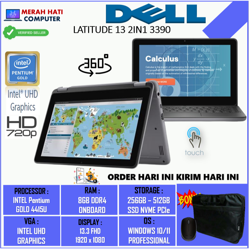 LAPTOP 2in1 MURAH DELL LATITUDE 13 3390 2IN1 INTEL PENTIUM GOLD 4415U 8GB 256GB 13.3FHD TOUCHSCREEN WIN10PRO BLACK ORIGINAL