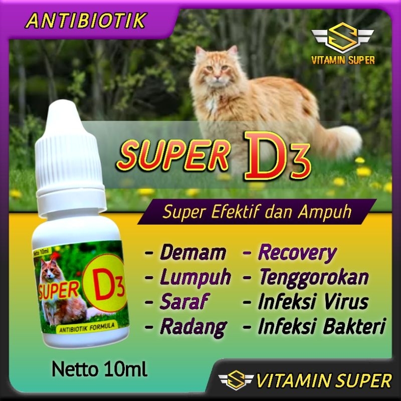 Obat Kucing Antibiotik Super D3 Antibiotik Penurun panas, Infeksi Saraf, Lumpuh, Demam, Infeksi Virus, Infeksi Bakteri, Lemes, dan Radang tenggorokan