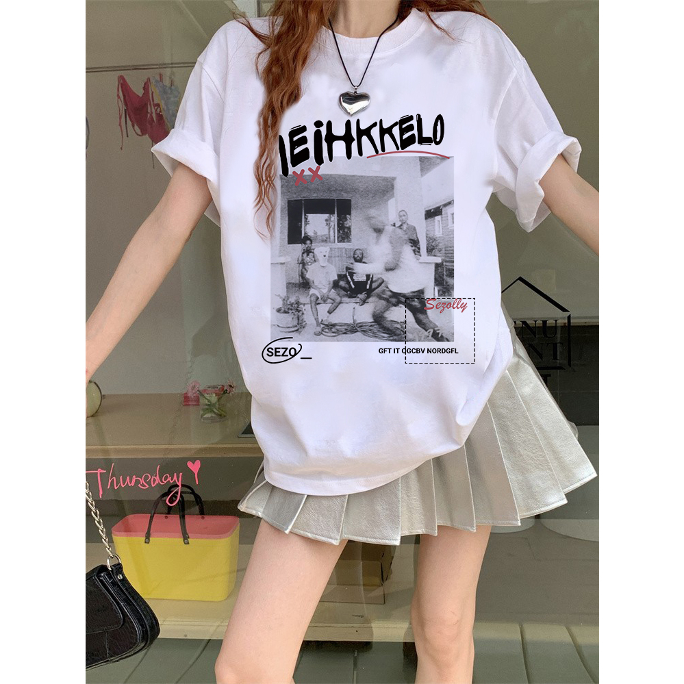 EUNII T-shirt Lengan Pendek Vintage Record Player Printing Korean Style/Kaos Atasan Wanita/Baju Wanita/Kaos Wanita