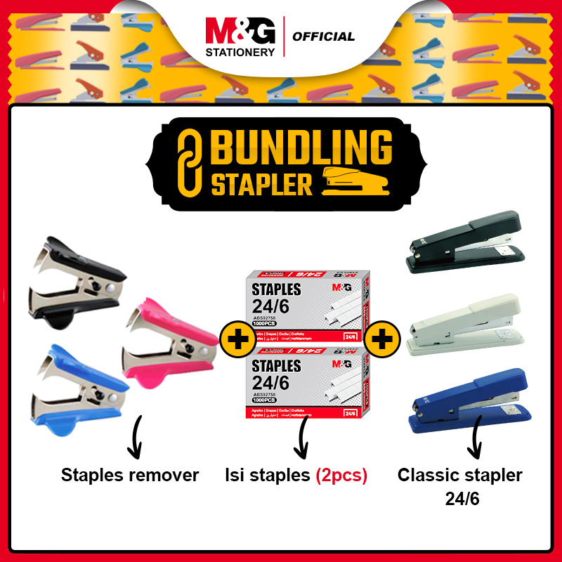 

BUNDLE M & G Staples Remover / Pencabut Staples / Pembuka Staples / Pelepas Isi Staples 24/6 + Isi Staples / Isi Hekter / Isi Jepretan / Isi Stapler Ukuran 24/6 (2pcs) + Staples Biru Hitam Putih Isi 50