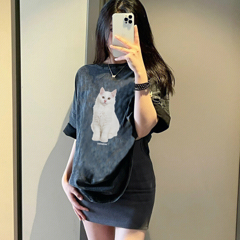 Print Washed T-shirt Kaos Lengan Pendek Oversize Cartoon Cat Korean Style Atasan Wanita