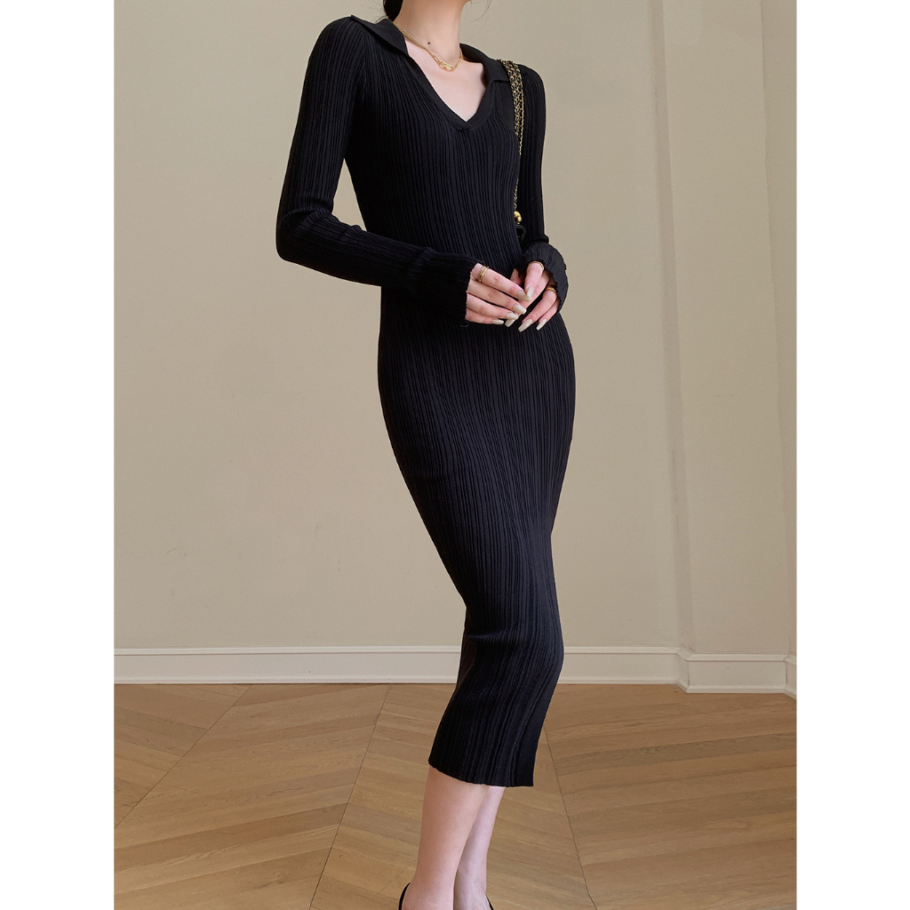 【Elegant】Slim Long Sleeve Solid Knit  Long Dress  7548