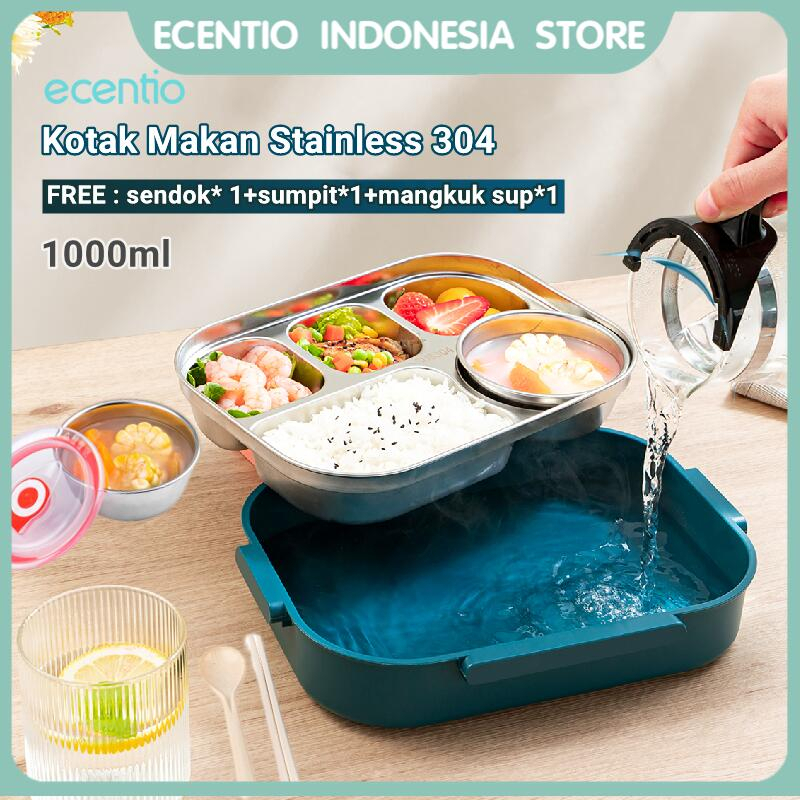 ecentio Kotak bekal makan stainless  5 sekat + tempat sup Lunch Box  termal anti tumpah tempat makan Tahan Panas 1000ml  with Sendok